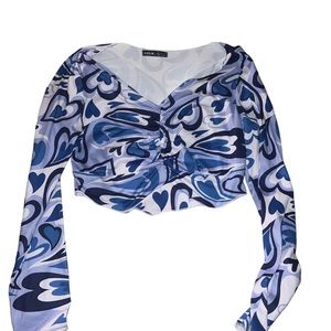 Blue Multi-Heart Long Sleeve Crop Top